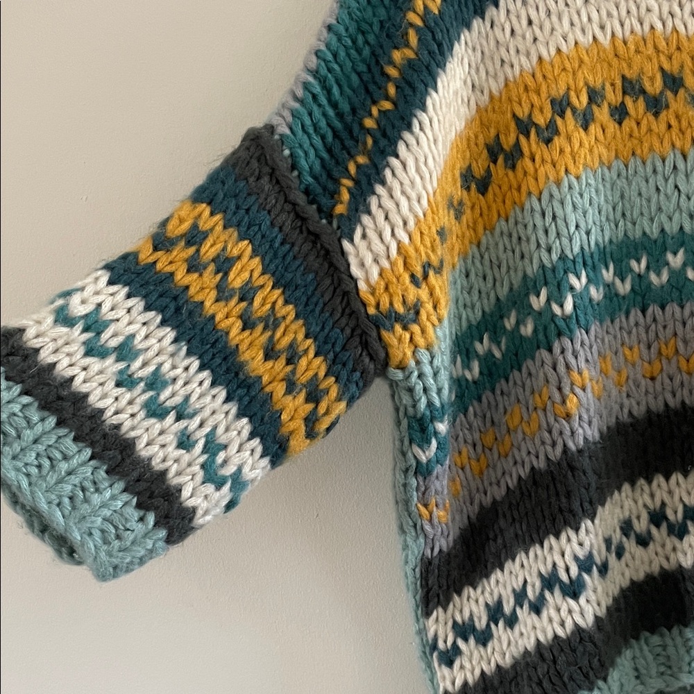 POL Chunky Knit Multicolor Sweater Fair Isle Teal Blue Yellow Stripe - Picture 5 of 9